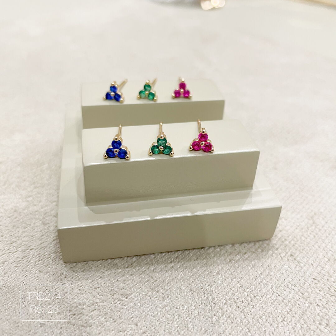 Trio de Brinco Ponto de Luz Triplo Azul/Verde/Rosa Dourado